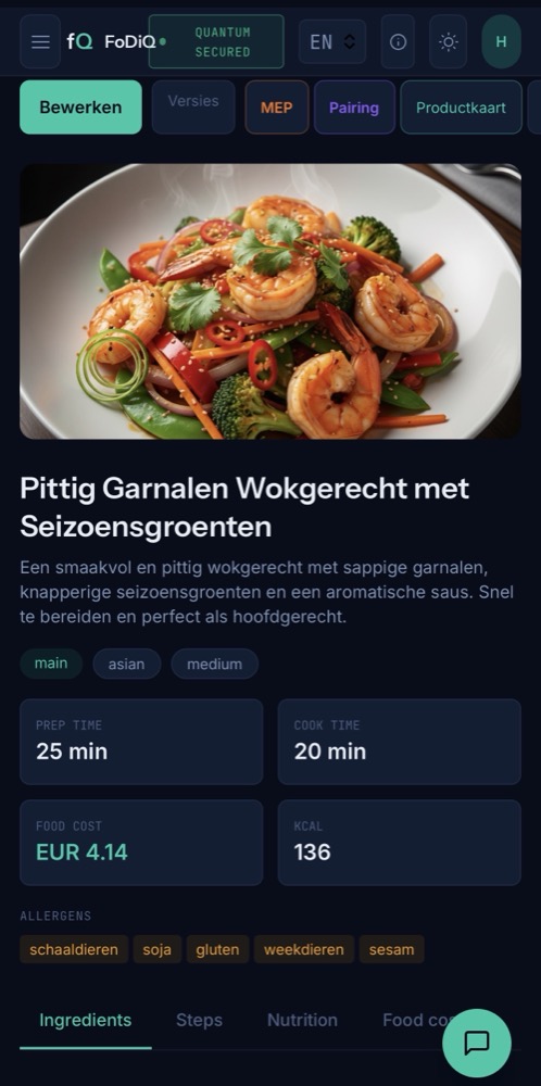 Recipe detail with food cost and allergens